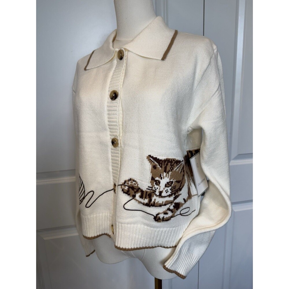 Calligraphie Women's Long Sleeve Tabby Cat With Yarn Cardigan Sweater M